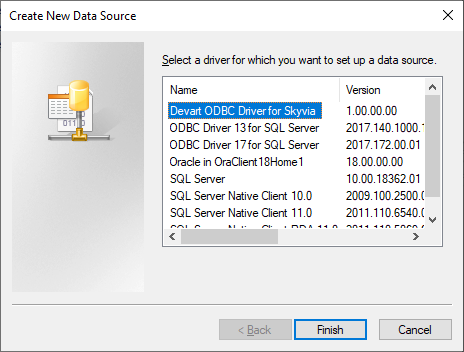 Selecting ODBC driver in the Create New Data Source dialog box