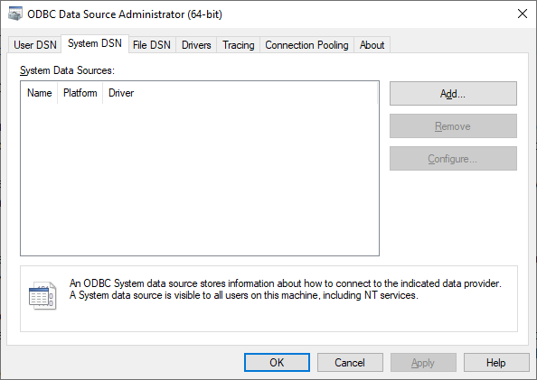 ODBC Data Sources - System DSN tab