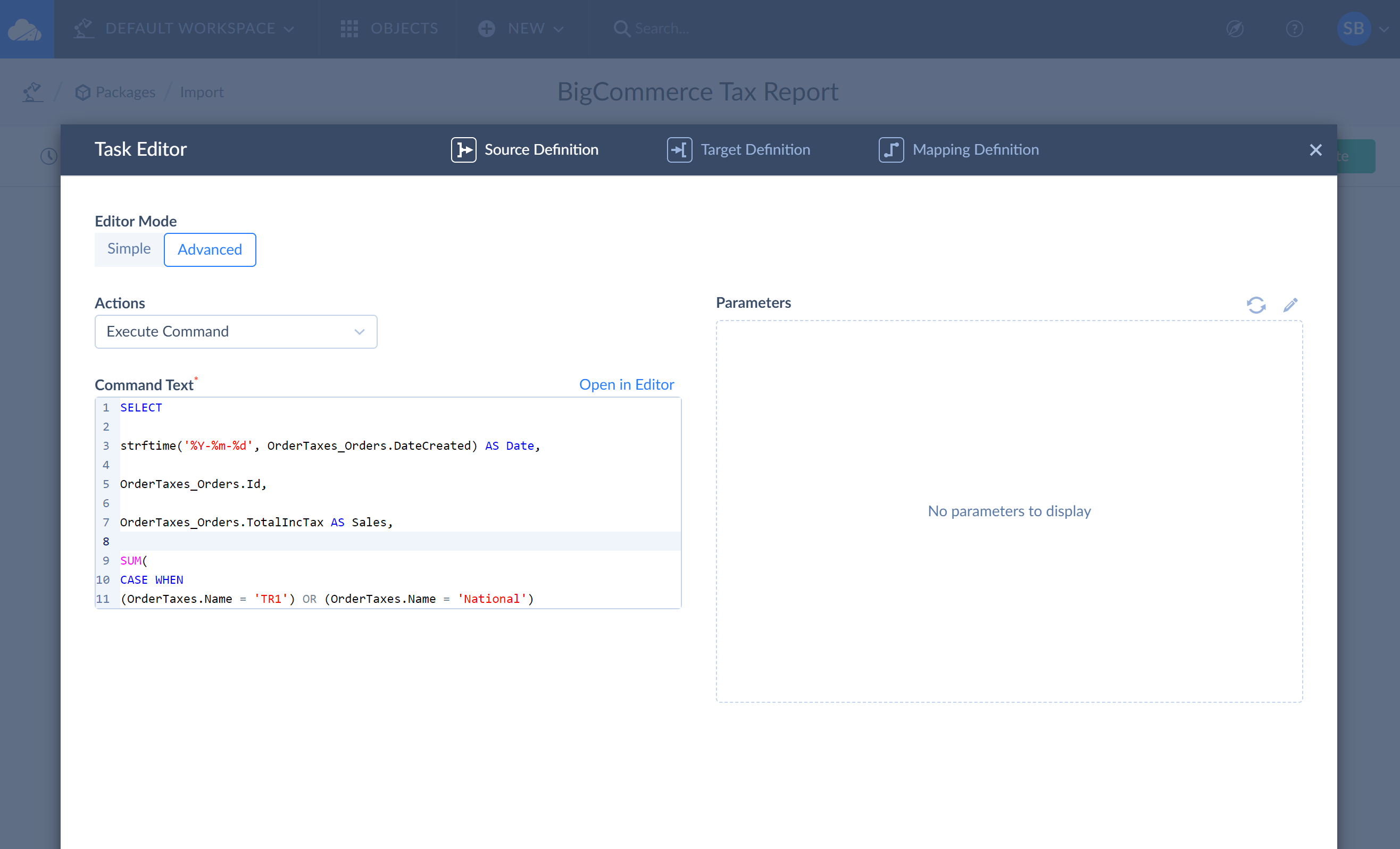 Execute Command action in import task