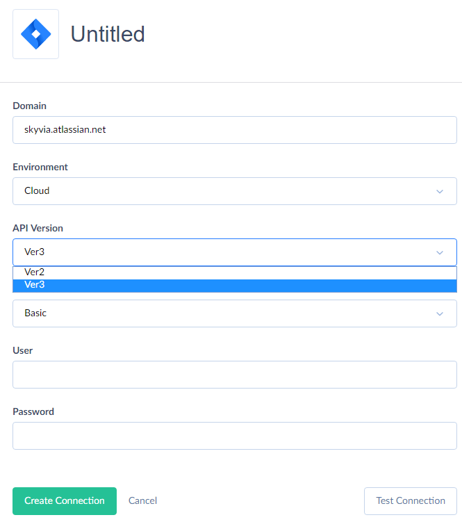 Selecting Jira API version in connection editor on Skyvia New