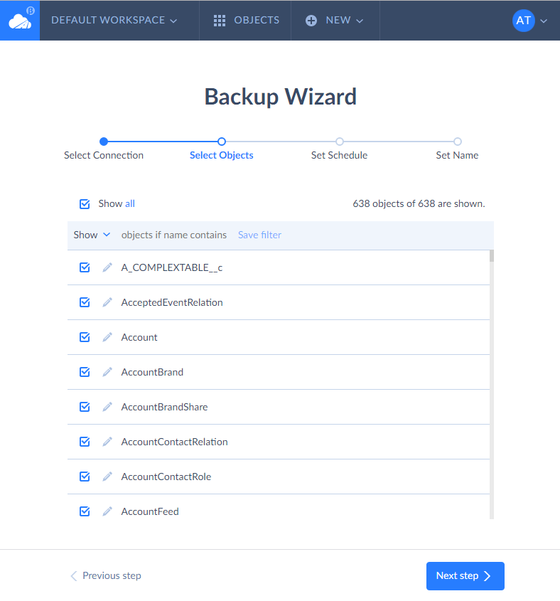 Second step of Backup Wizard