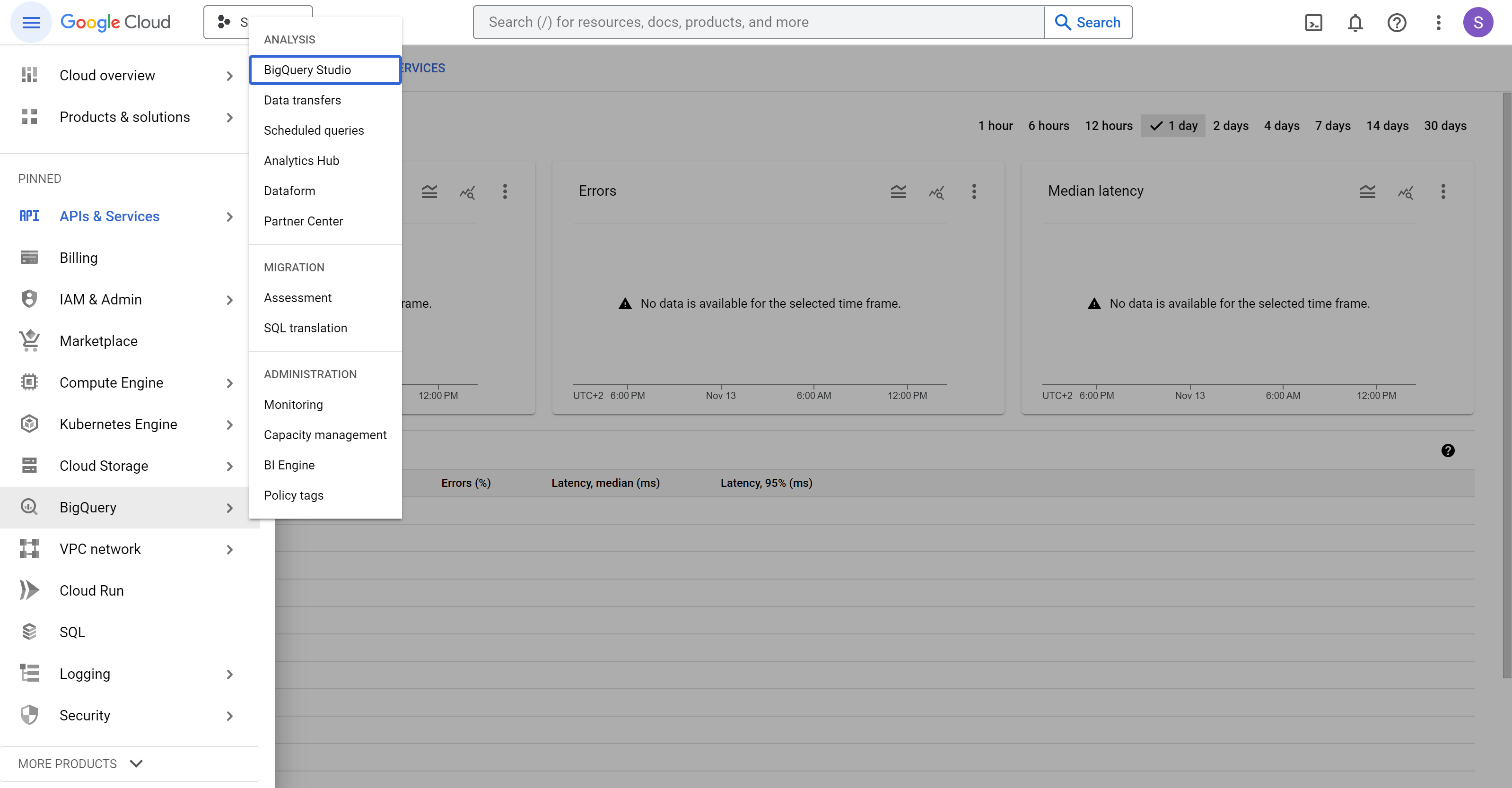 Google API Console navigation menu - BigQuery