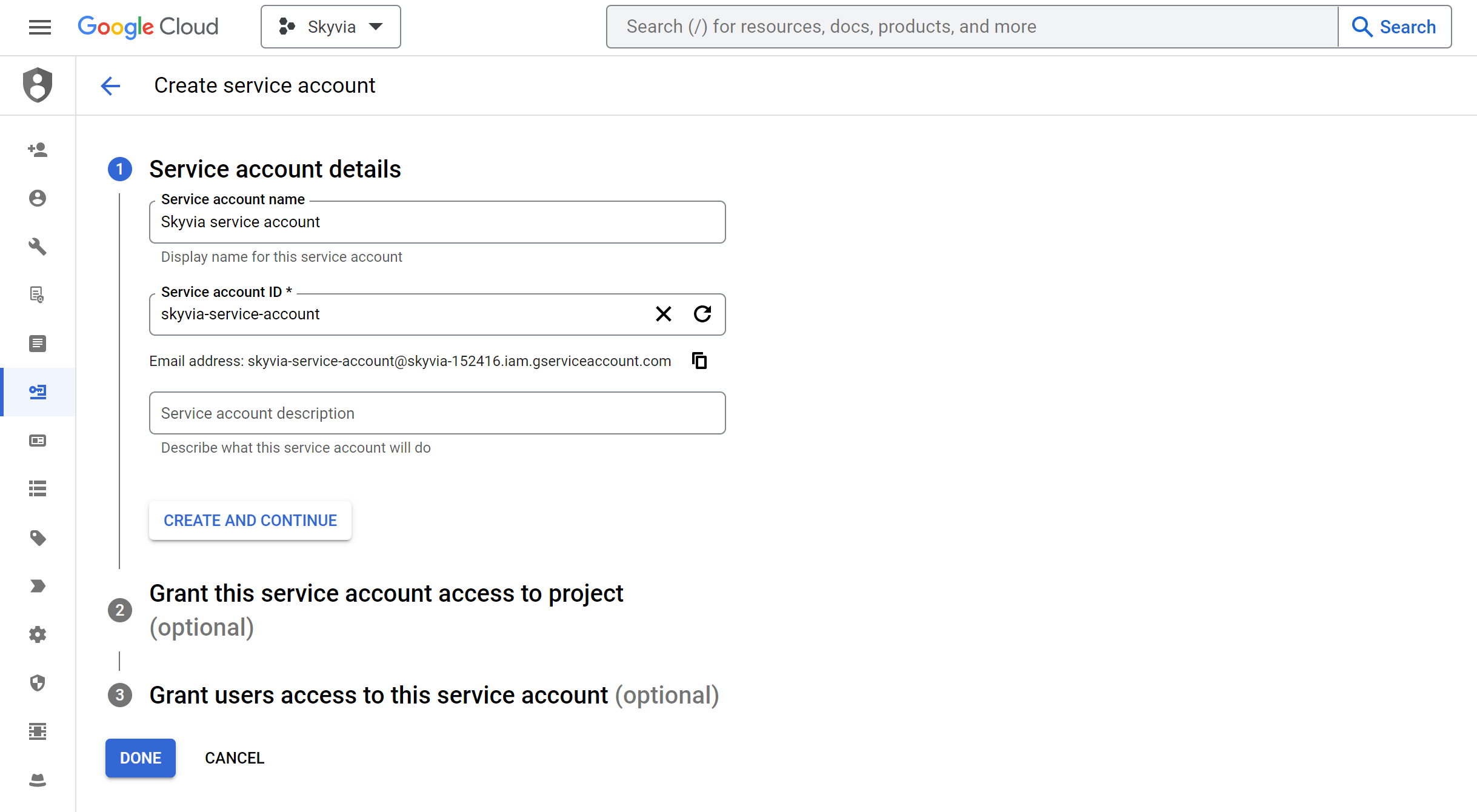 Creating service account