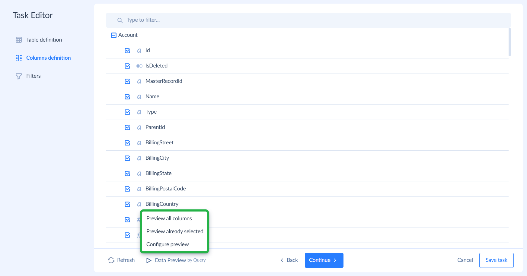 Data Preview by Query menu