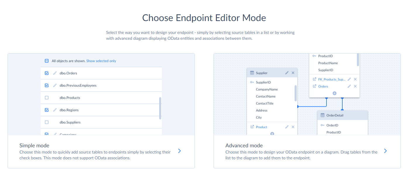 Selecting OData endpoint creation mode