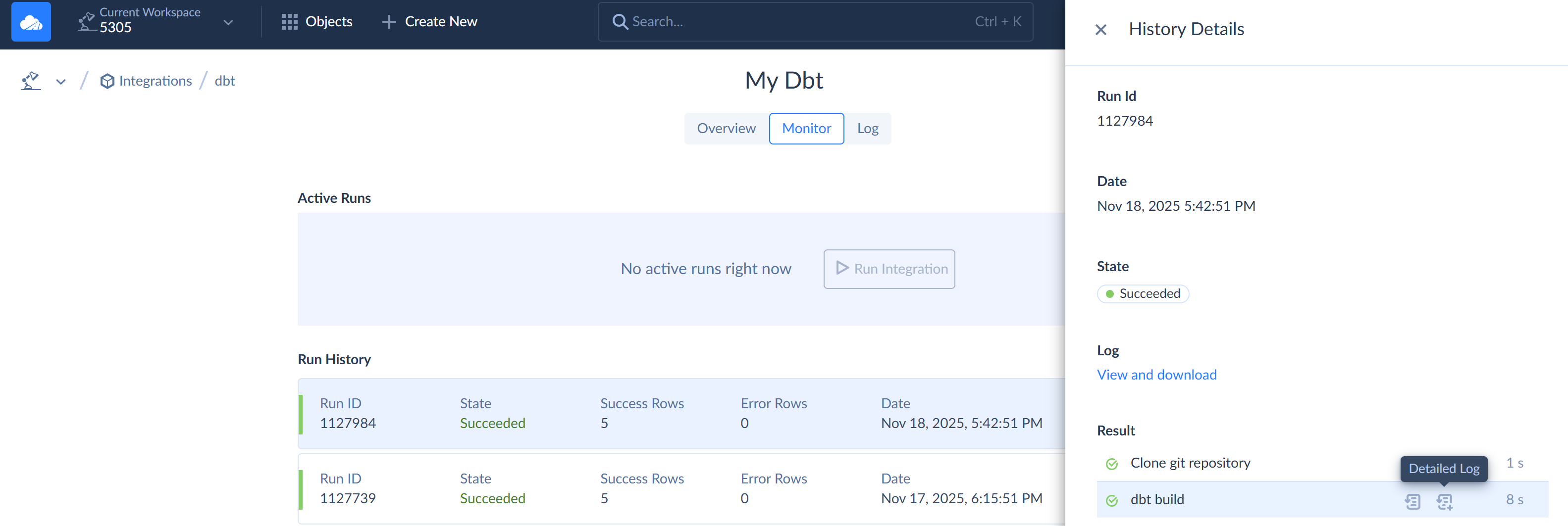 Runs of dbt Transformation