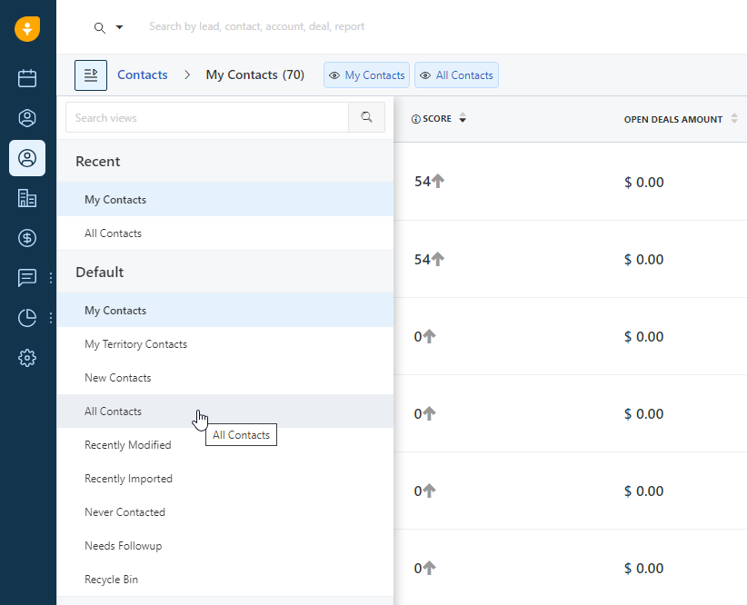 Switching Contacts views in Freshsales