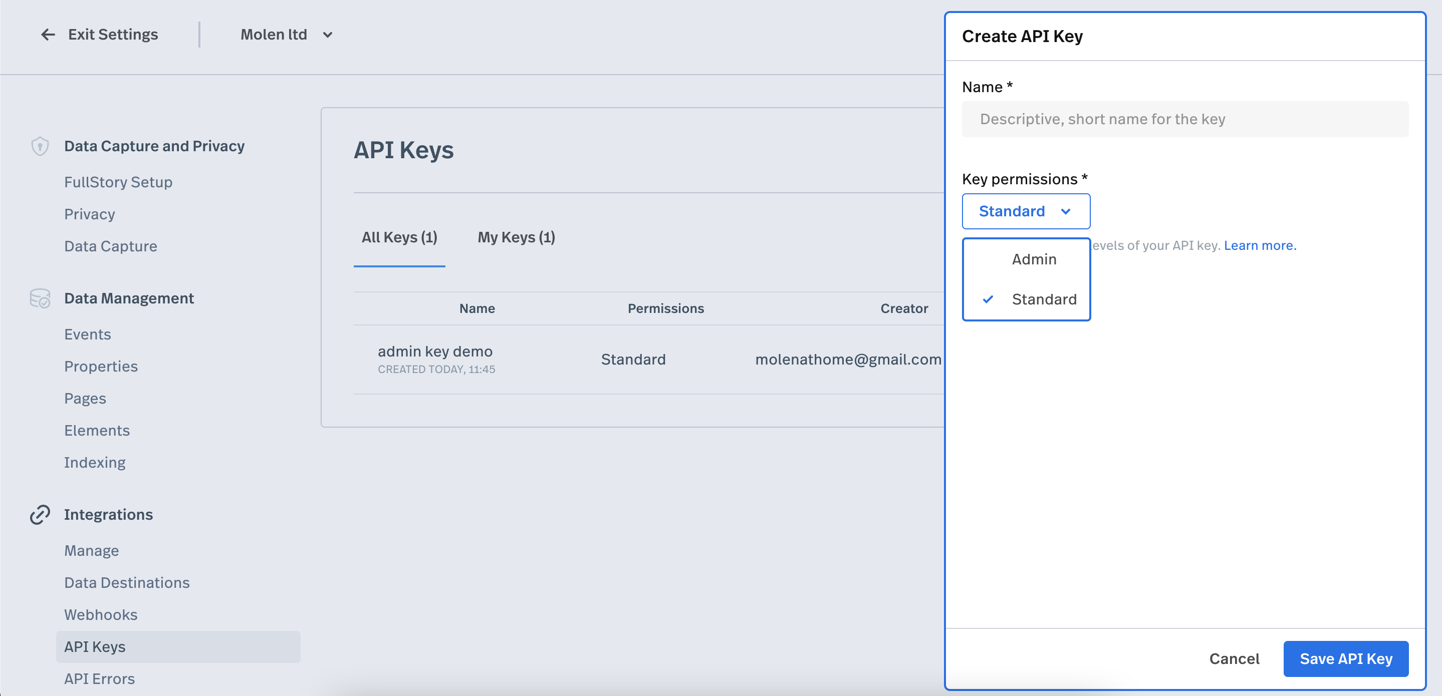 FullStory API key creation