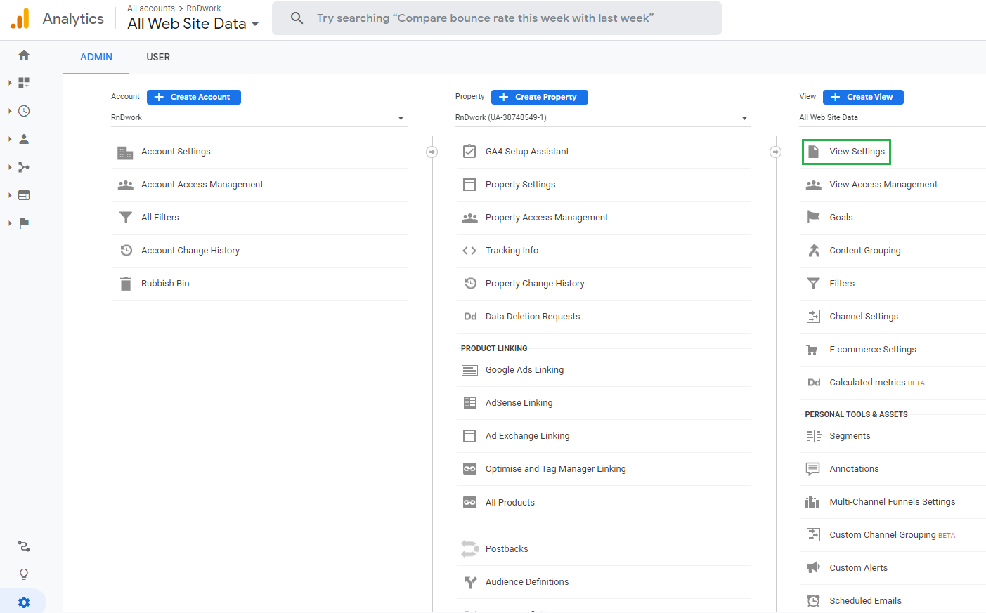 Google Analytics admin settings