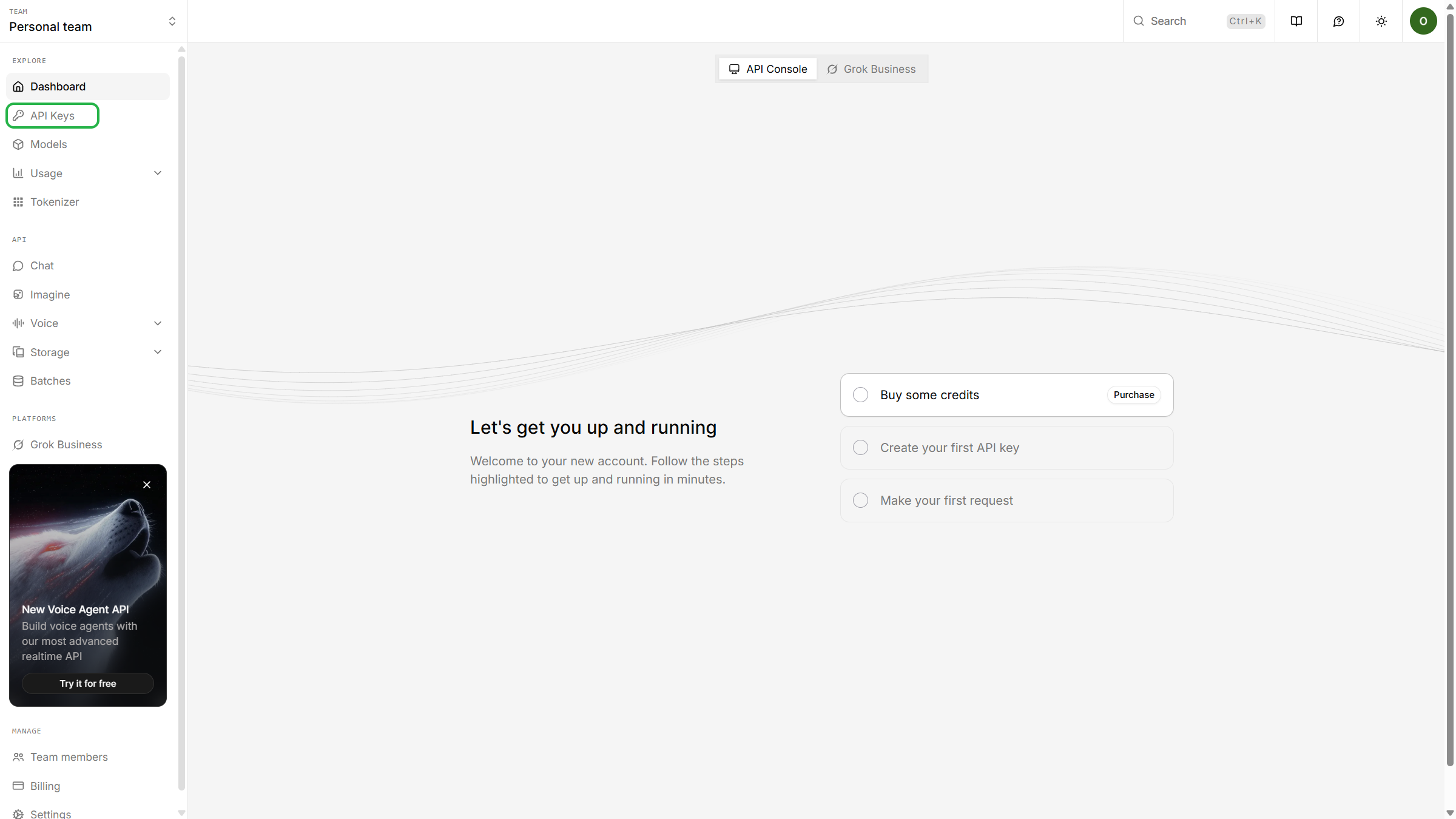 Grok console main page