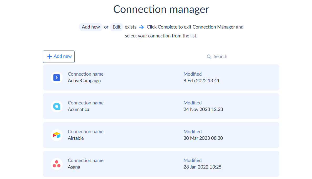 List of connections to edit