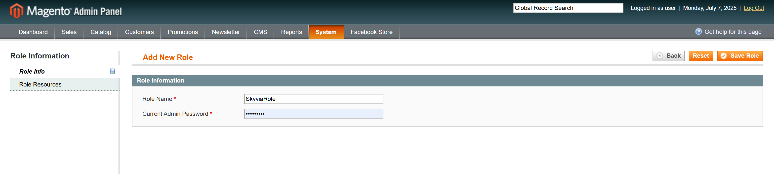 New role in Magento