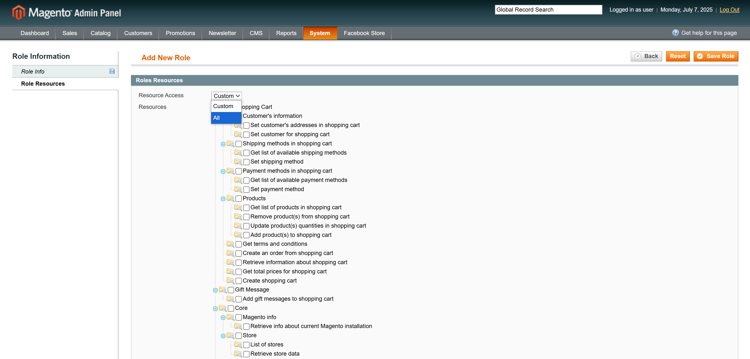 Assigning privileges to a role in Magento