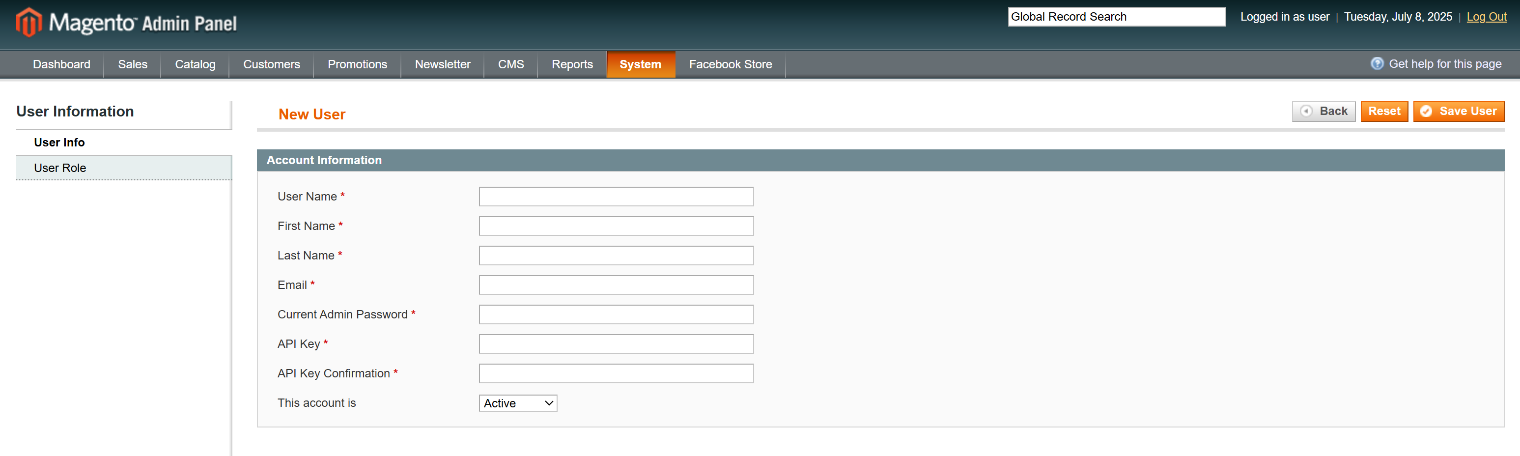 Open Magento Roles settings