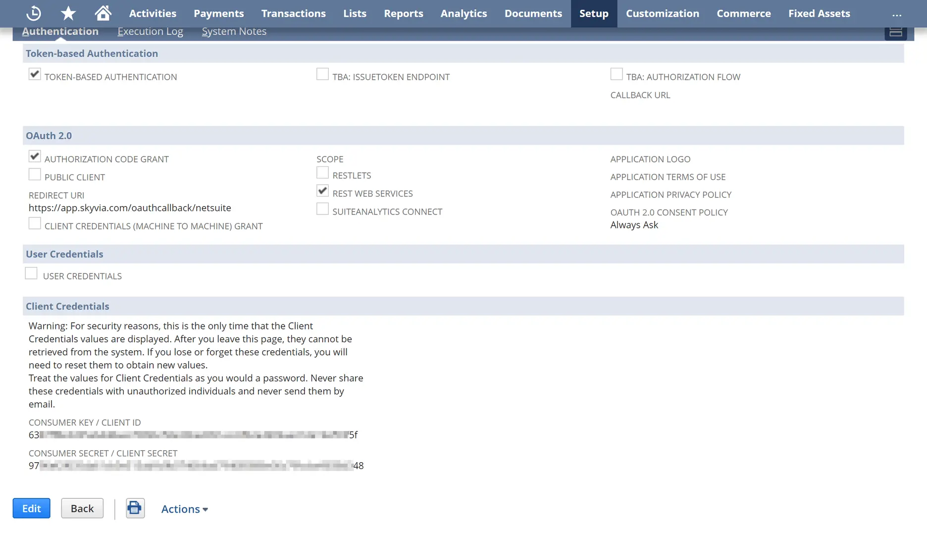 NetSuite integration record credentials