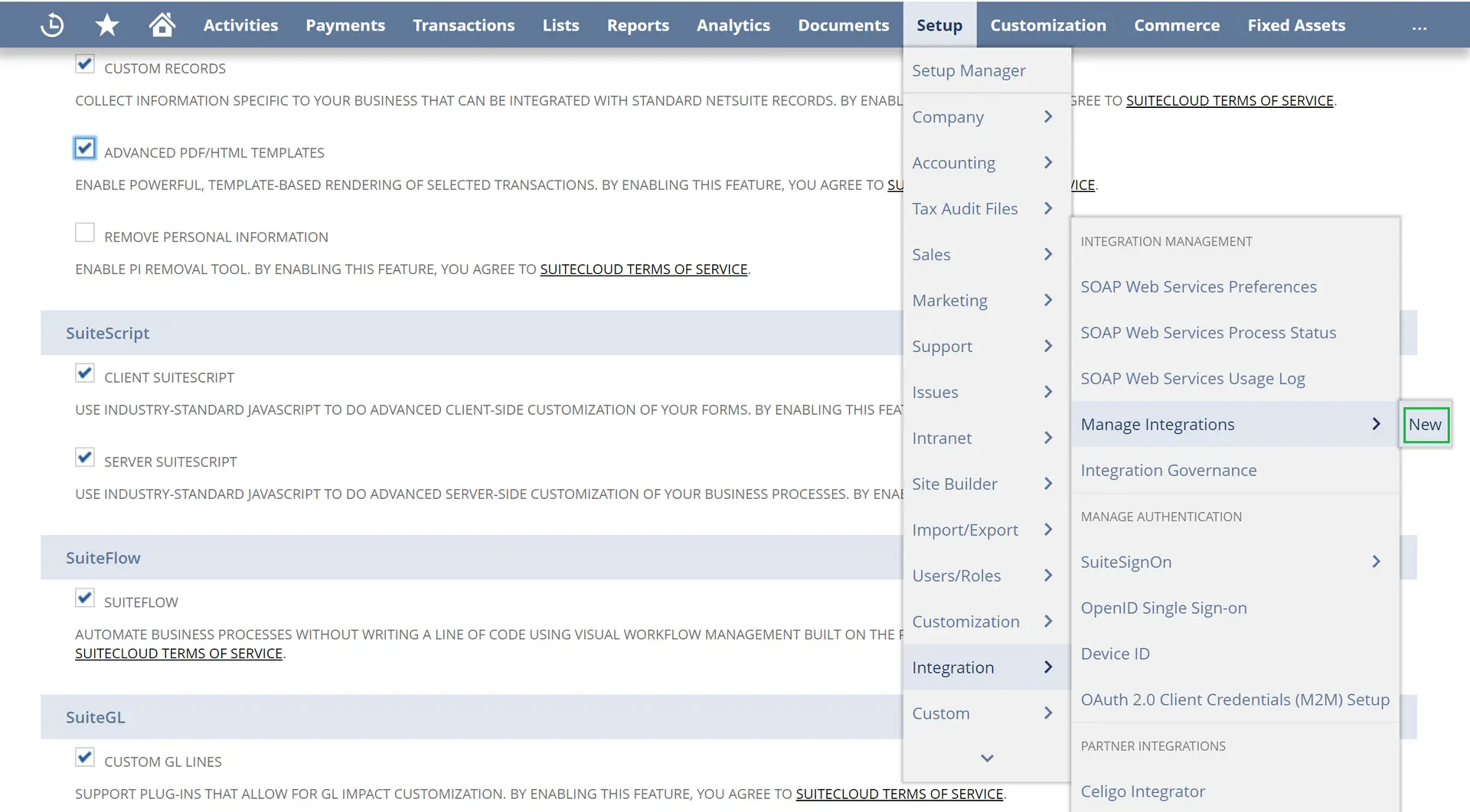 NetSuite Integrations Menu