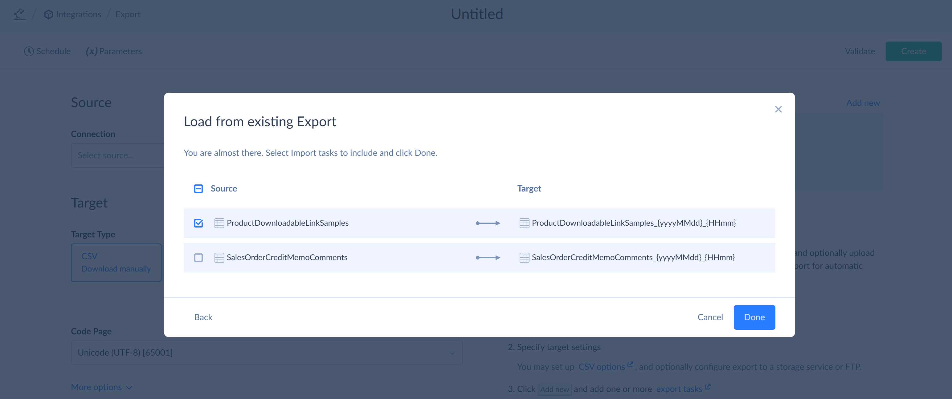 Select export tasks
