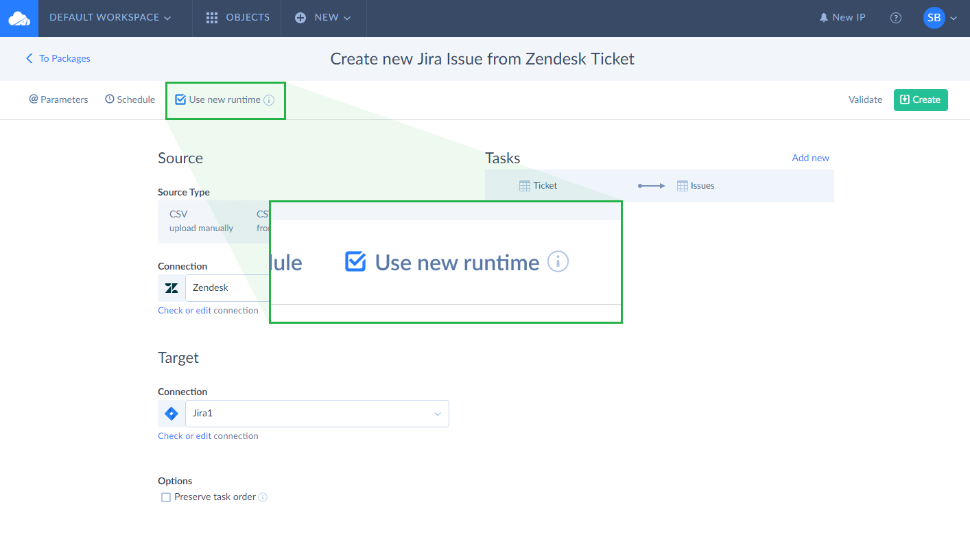 Use New Runtime check box in Import Package