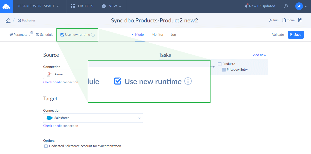 Use New Runtime check box in a Synchronization Package