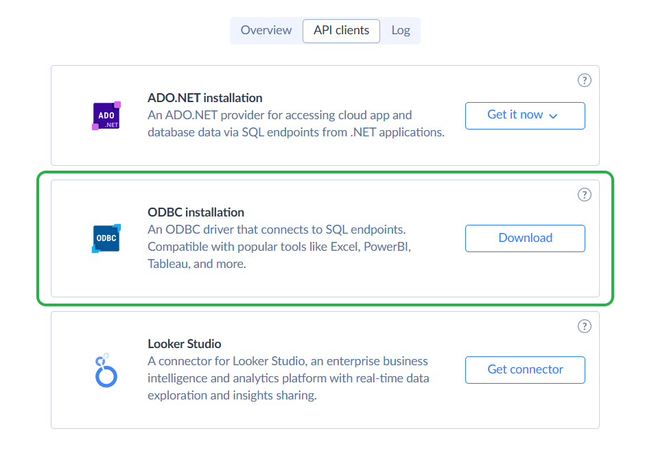 API clients list with ODBC driver highlighted