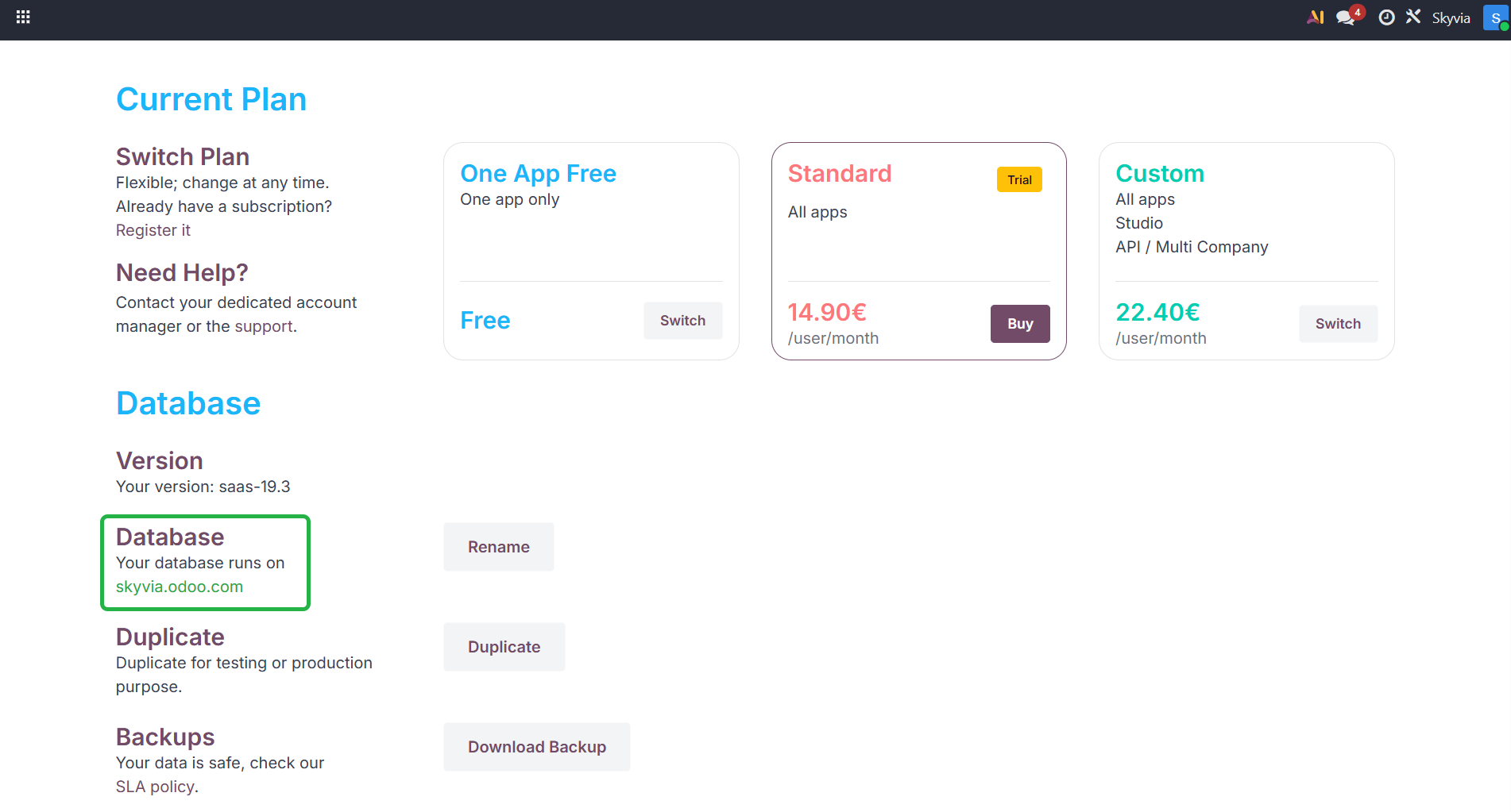 Database section on the Manage page