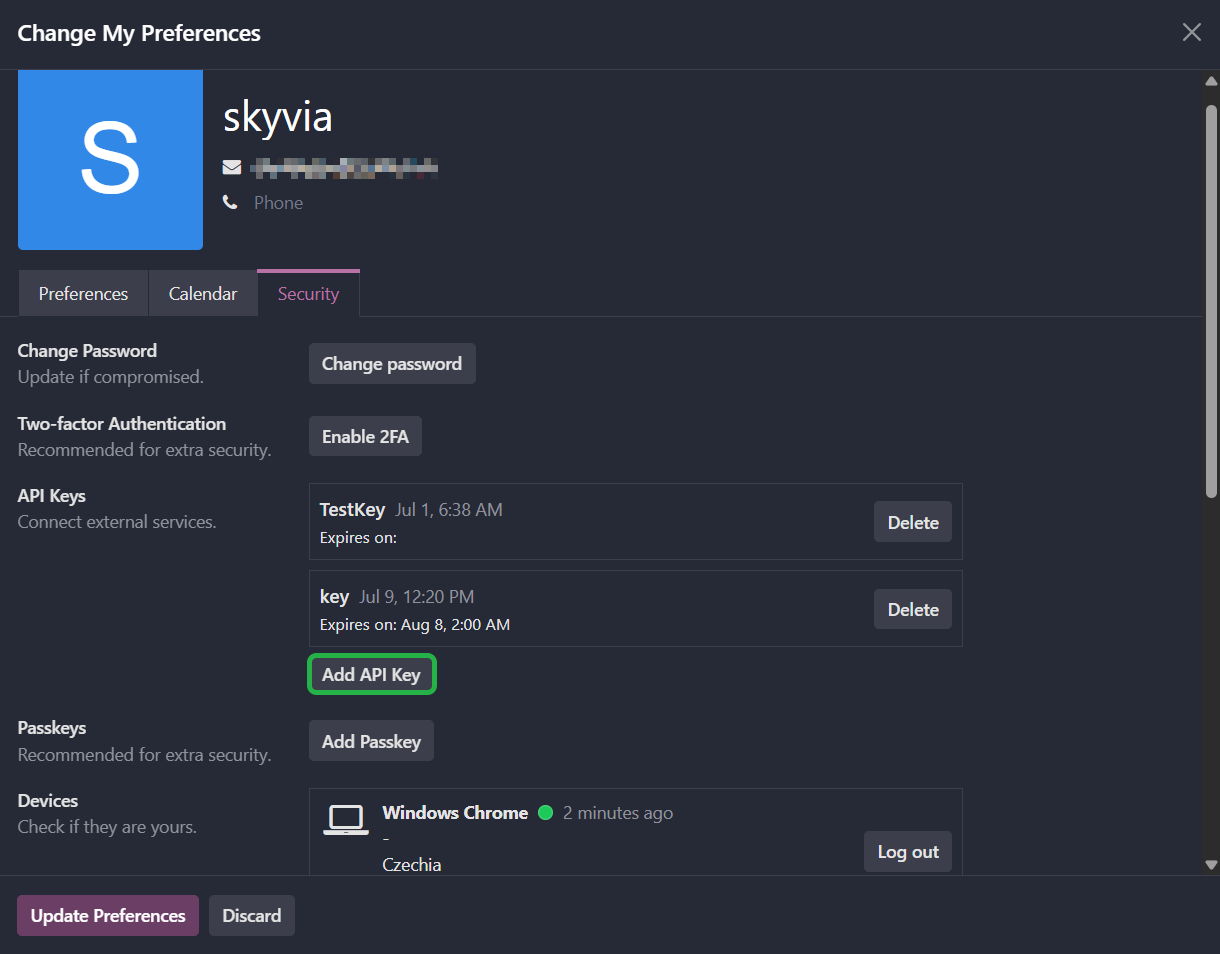 My Preferences Security tab with API Keys section