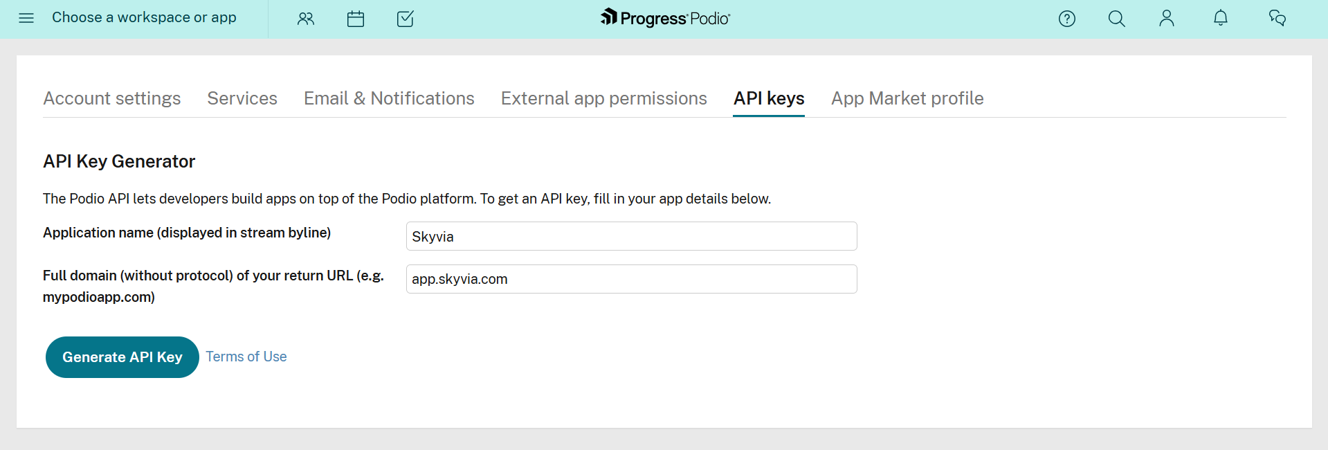 Podio API keys tab