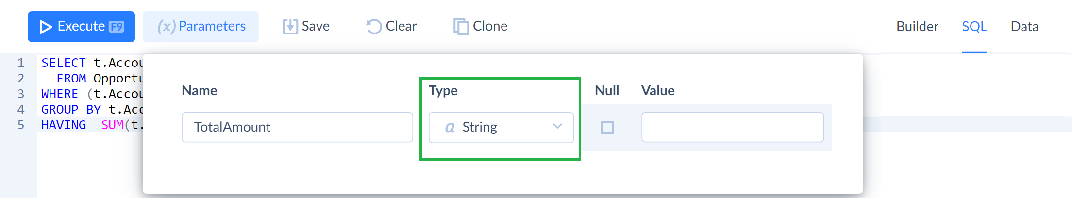 SQL parameter type