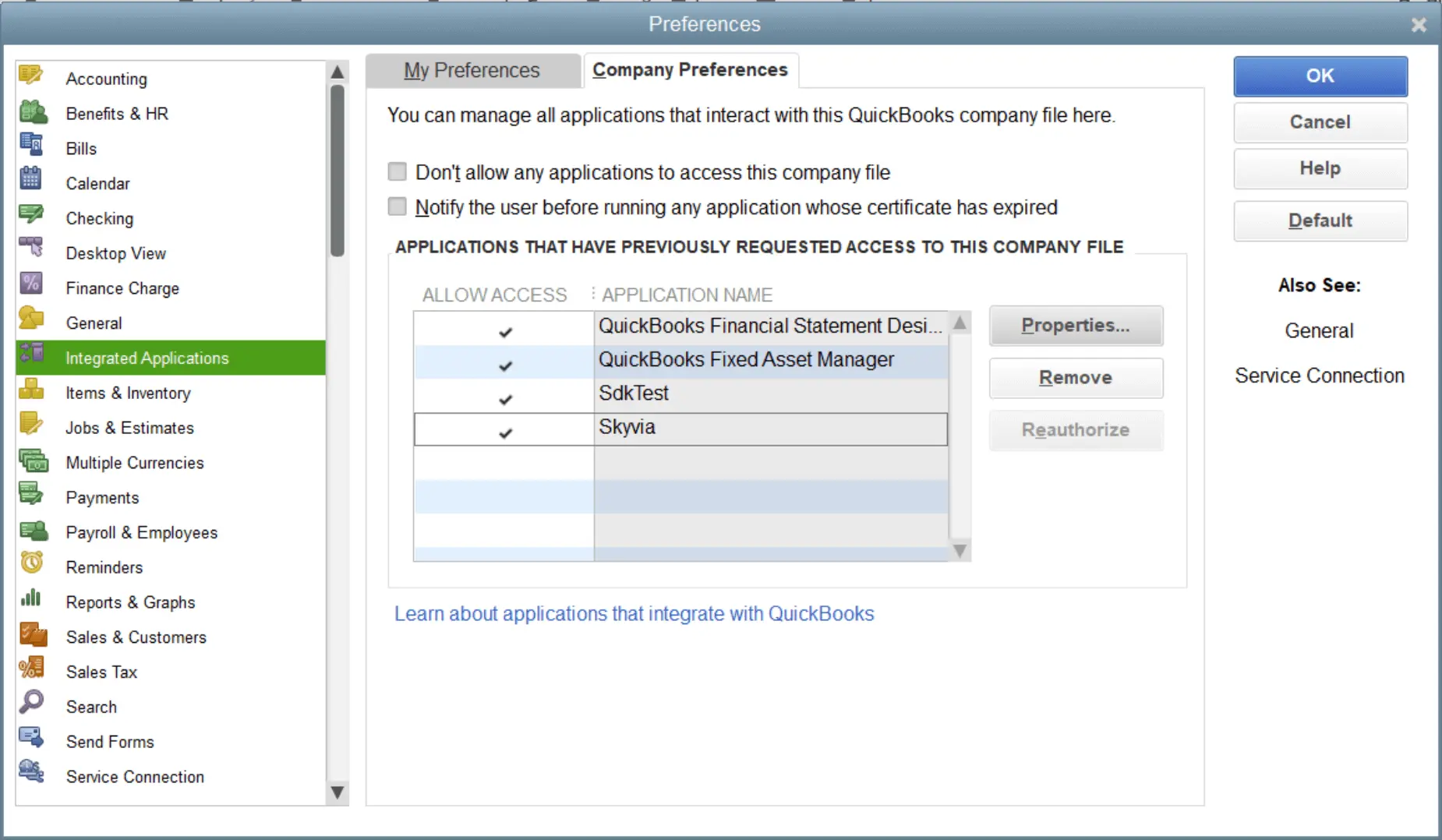 Integrated applications list in QuickBooks Desktop Preferences