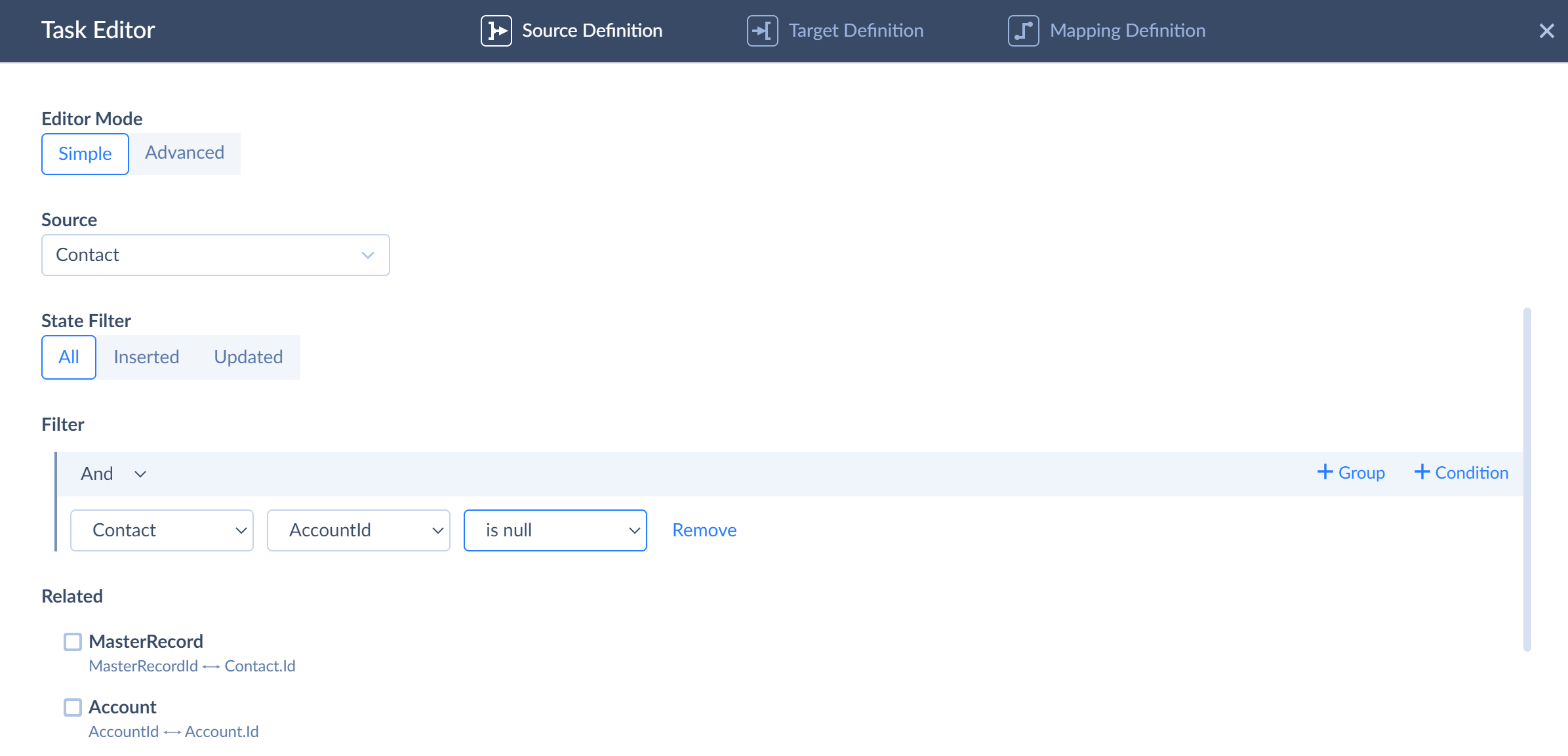 Example 4 - Salesforce to Dynamics - filter for the second task