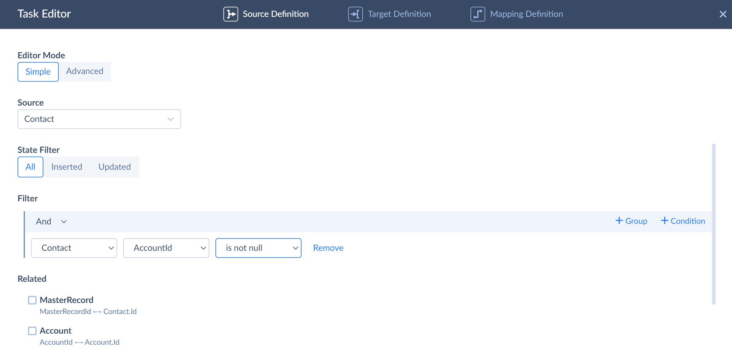 Example 4 - Salesforce to Dynamics - filter for the first task