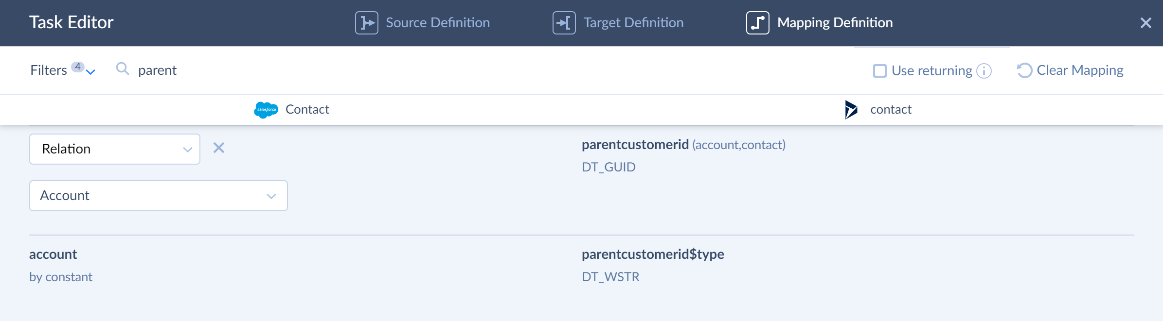 Example 4 - Salesforce to Dynamics - relation mapping for the first task