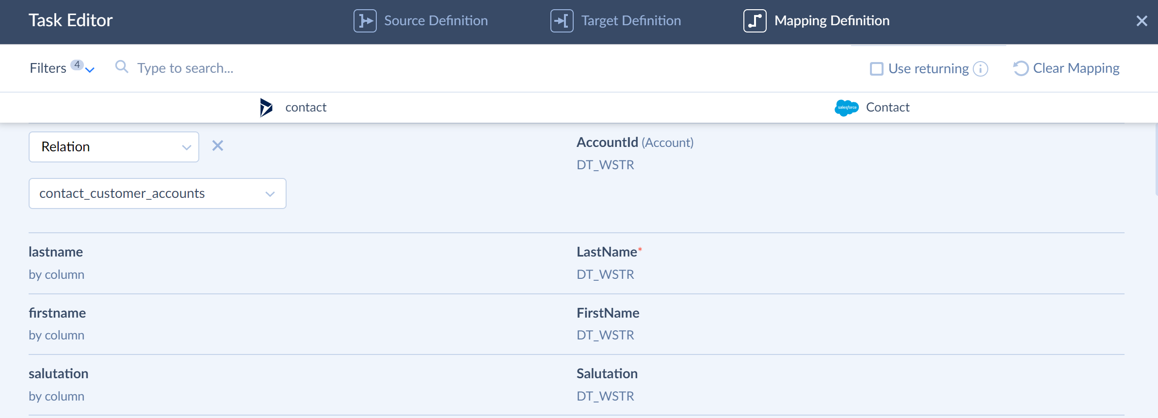 Example 4 - Dynamics to Salesforce - relation mapping for the first task