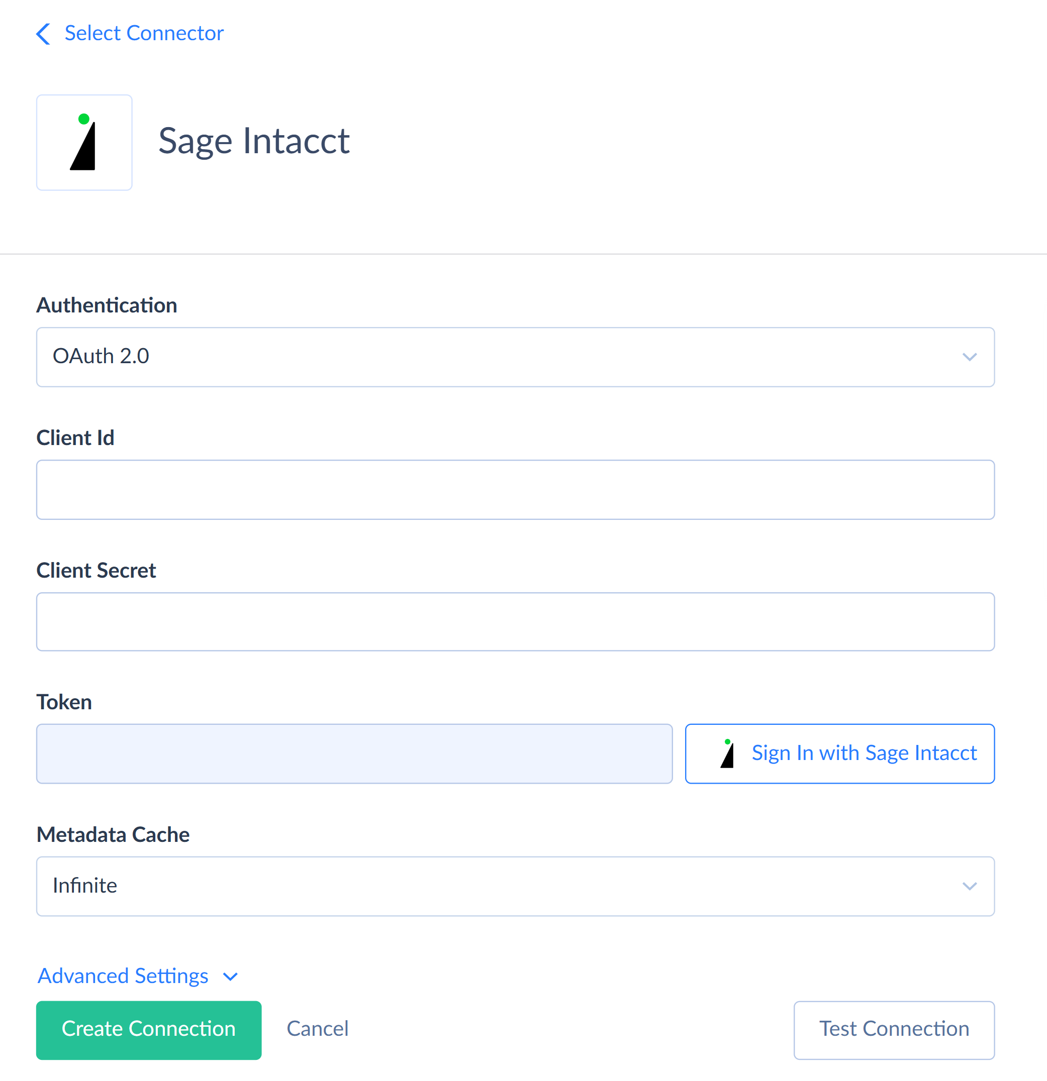 Sage Intacct OAuth connection editor