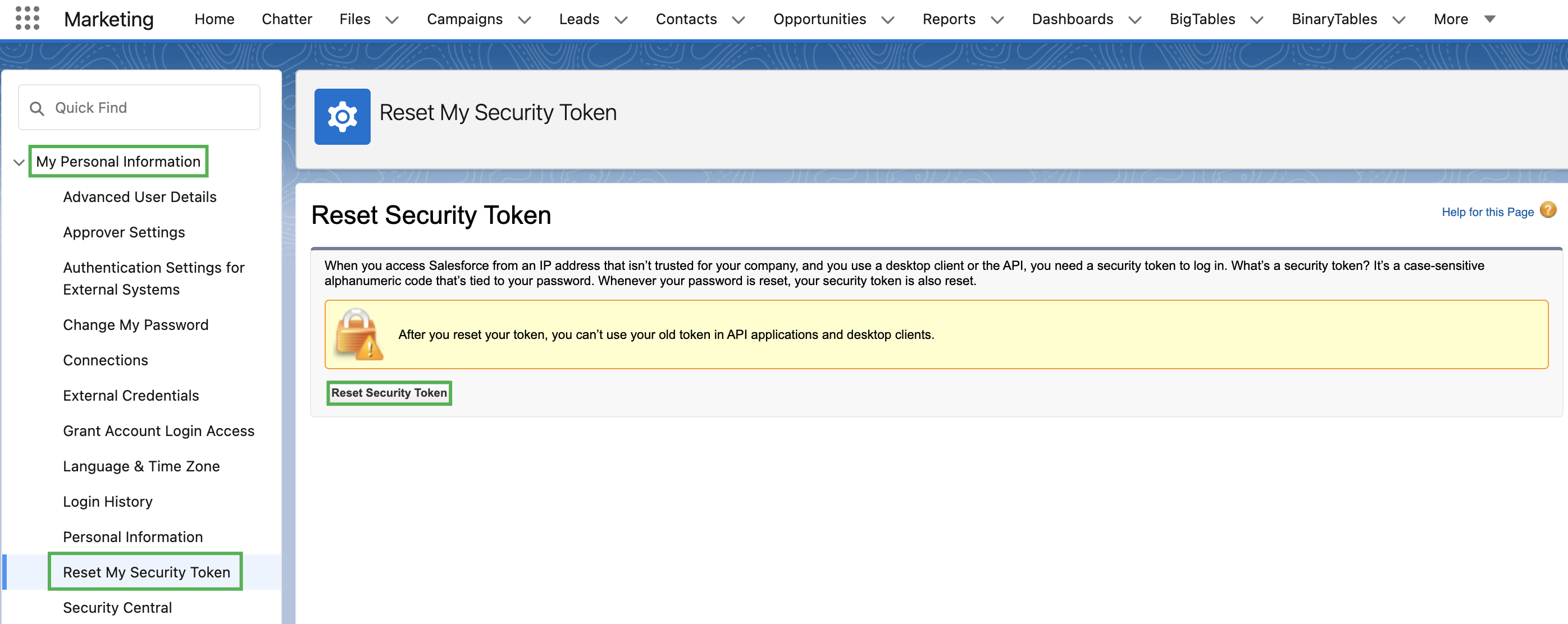 Resetting Salesforce security token