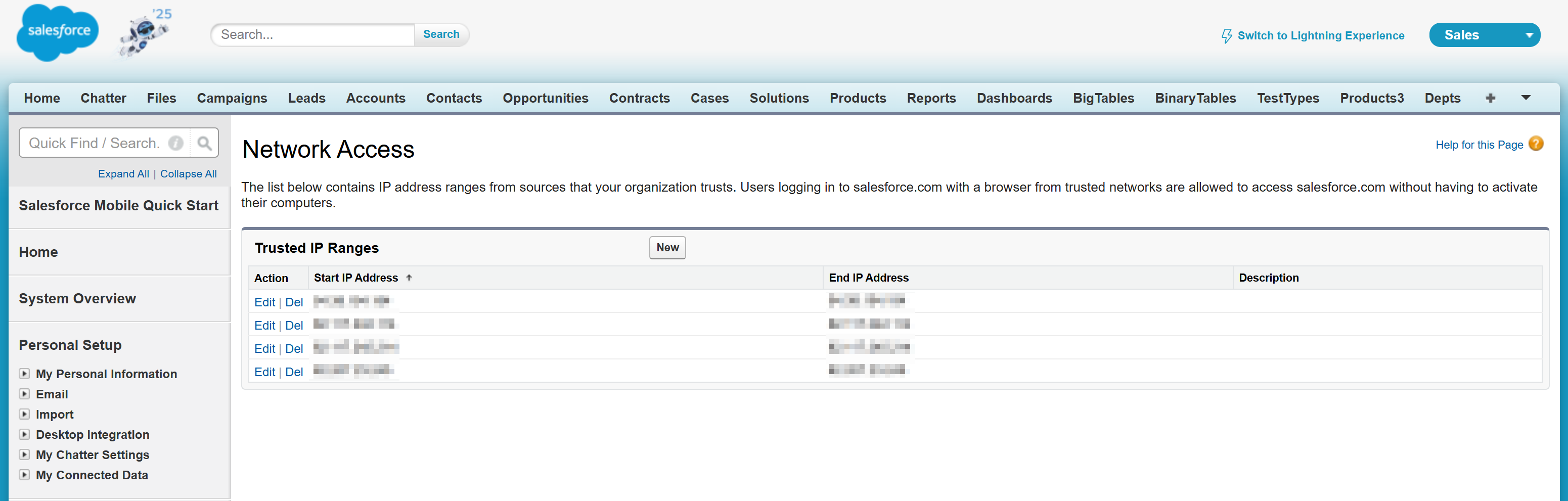 Salesforce Network Access settings