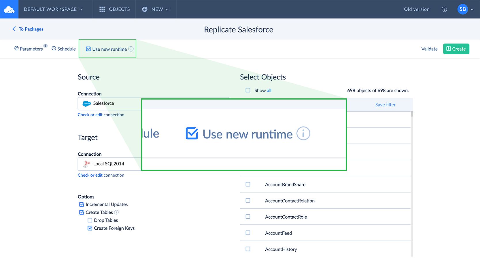 Use New Runtime check box in Replication Package