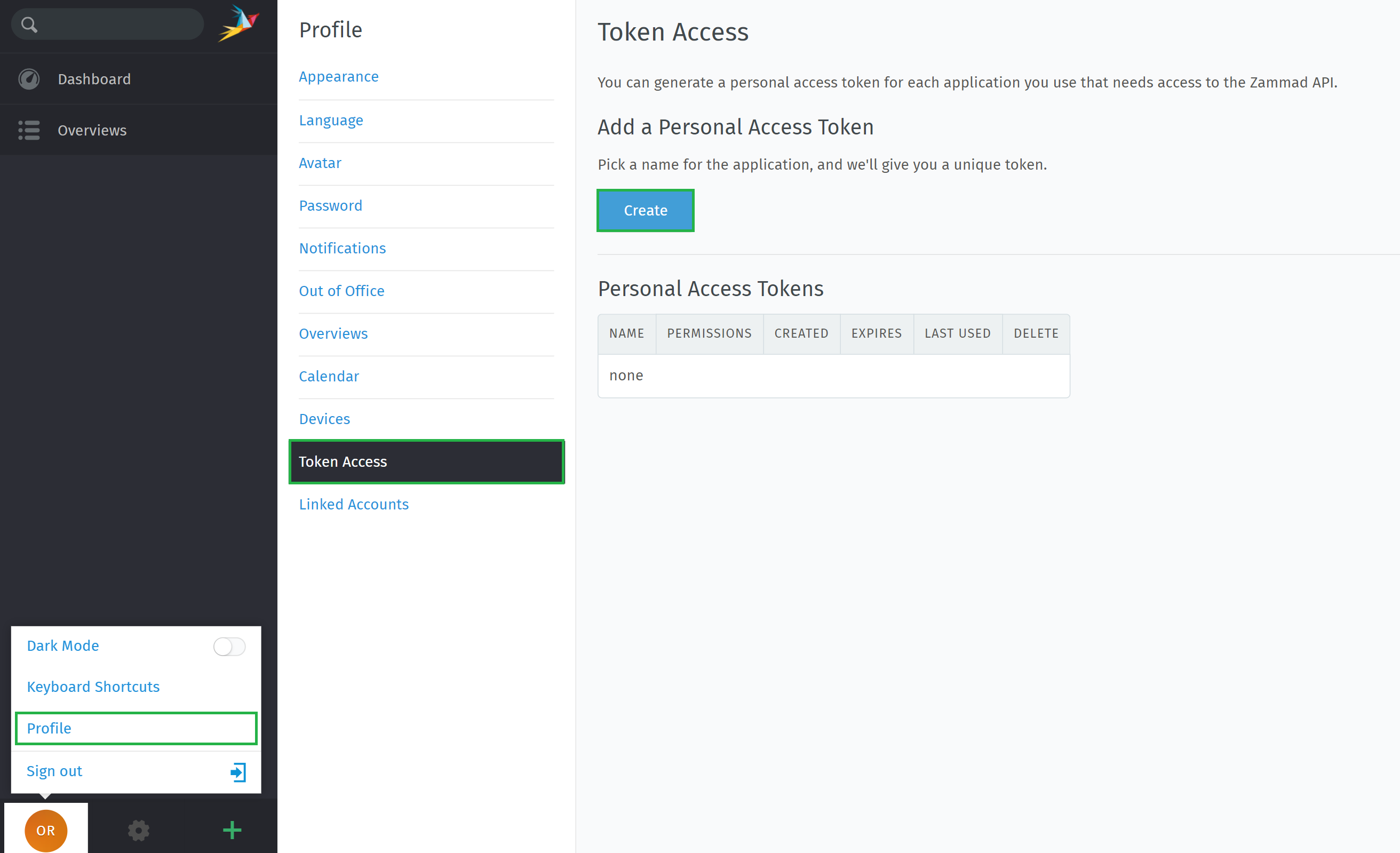 access token menu