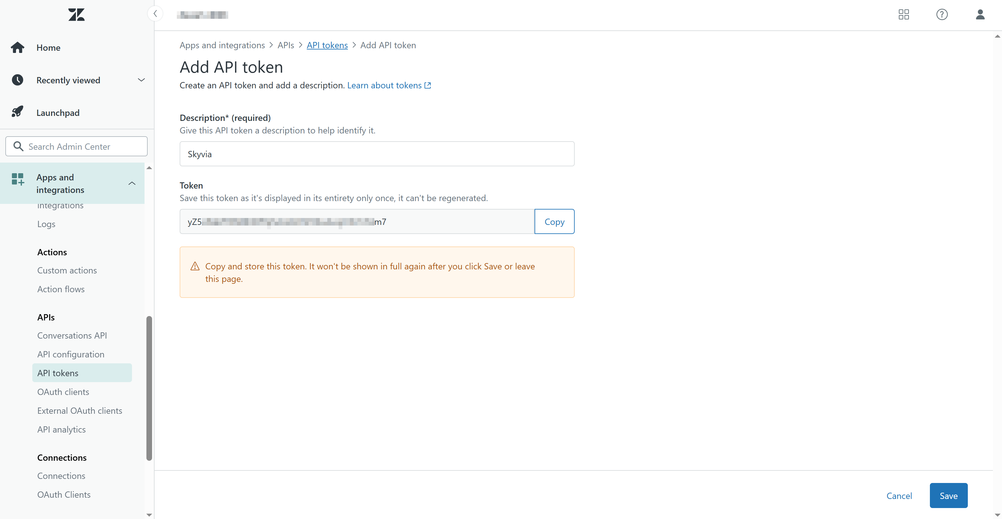 Copy Zendesk API token
