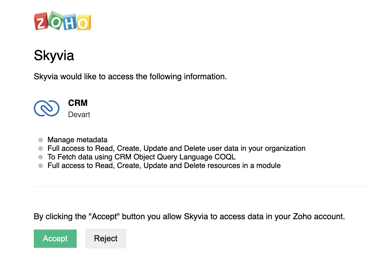 Granting access to Zoho CRM data