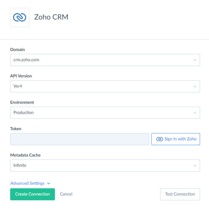 Zoho CRM connection editor